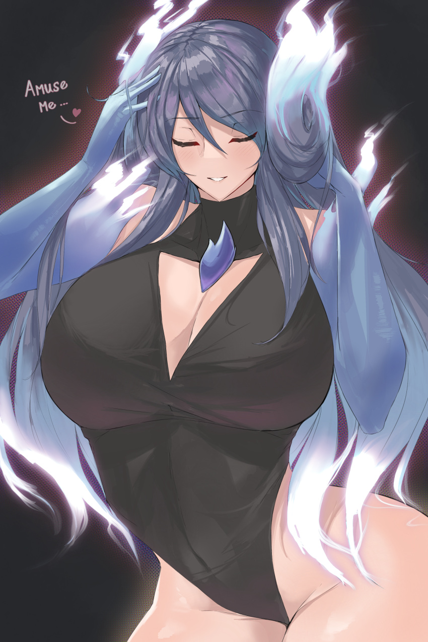 absurdres blue_fire blue_hair breasts brighid_(xenoblade) calmgreentori cleavage closed_eyes covered_navel english_text female fiery_hair fire glowing glowing_hair heart highres leotard solo teeth thighs xenoblade_chronicles_(series) xenoblade_chronicles_2