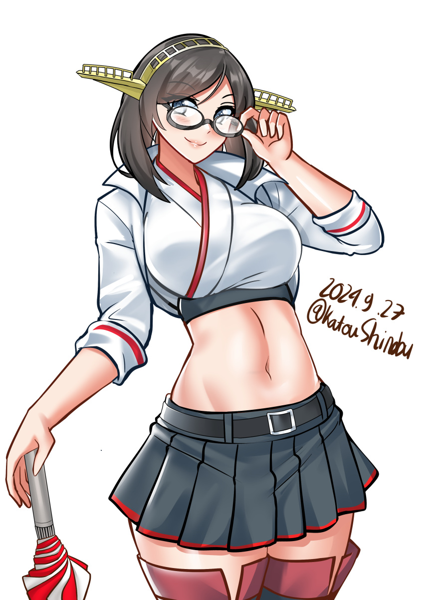 absurdres adapted_costume adjusting_eyewear belt black_hairband black_skirt boots breasts cowboy_shot cropped_jacket dated hairband headgear highres jacket kantai_collection katou_shinobu kirishima_(kancolle) kirishima_(race_queen)_(kancolle) large_breasts lips midriff one-hour_drawing_challenge planted planted_umbrella short_hair simple_background skirt smile thigh_boots twitter_username umbrella white_background white_jacket