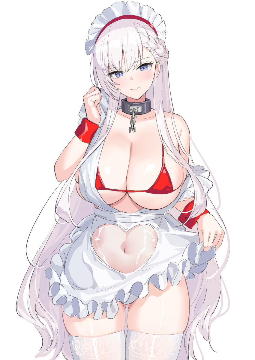 absurdres apron ass_visible_through_thighs azur_lane belfast_(azur_lane) belfast_(blissful_service)_(azur_lane) bikini blue_eyes blush braid breasts cleavage closed_mouth commentary_request cowboy_shot female hand_up highres large_breasts long_hair looking_at_viewer maid_headdress marumai navel official_alternate_costume red_bikini simple_background smile solo swimsuit thighhighs underboob white_apron white_background white_hair white_thighhighs wrist_cuffs