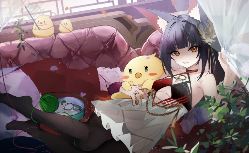 animal_ears azur_lane bare_shoulders black_hair black_panties breasts clothing_cutout couch dress evil_grin evil_smile female fox_ears fox_girl full_body grin hair_ornament hand_on_own_stomach highres hip_focus holding holding_stuffed_toy indoors kaya_(tyhk7874) long_hair lying nagato_(azur_lane) nagato_(meta)_(azur_lane) on_back on_couch panties petite see-through_clothes see-through_dress shaded_face sleeveless sleeveless_dress small_breasts smile solo stuffed_toy thighhighs underboob_cutout underwear very_long_hair white_dress yellow_eyes