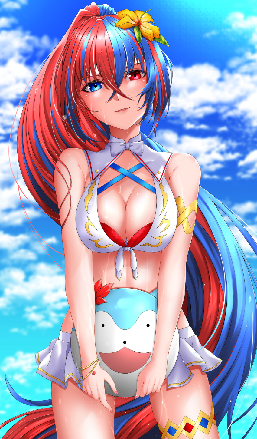 absurdres alear_(female)_(fire_emblem) alear_(female)_(seaside_dragon)_(fire_emblem) alear_(fire_emblem) ball beachball bikini blue_eyes blue_hair blue_sky breasts character_ball cleavage cloud commentary_request crossed_bangs day female fire_emblem fire_emblem_engage fire_emblem_heroes flower hair_between_eyes hair_flower hair_ornament head_tilt heterochromia highres holding holding_ball long_hair lost_(su-pa-buru) medium_breasts multicolored_hair official_alternate_costume outdoors ponytail red_eyes red_hair sky smile solo sommie_(fire_emblem) split-color_hair sunlight swimsuit two-tone_hair very_long_hair wet white_bikini yellow_flower