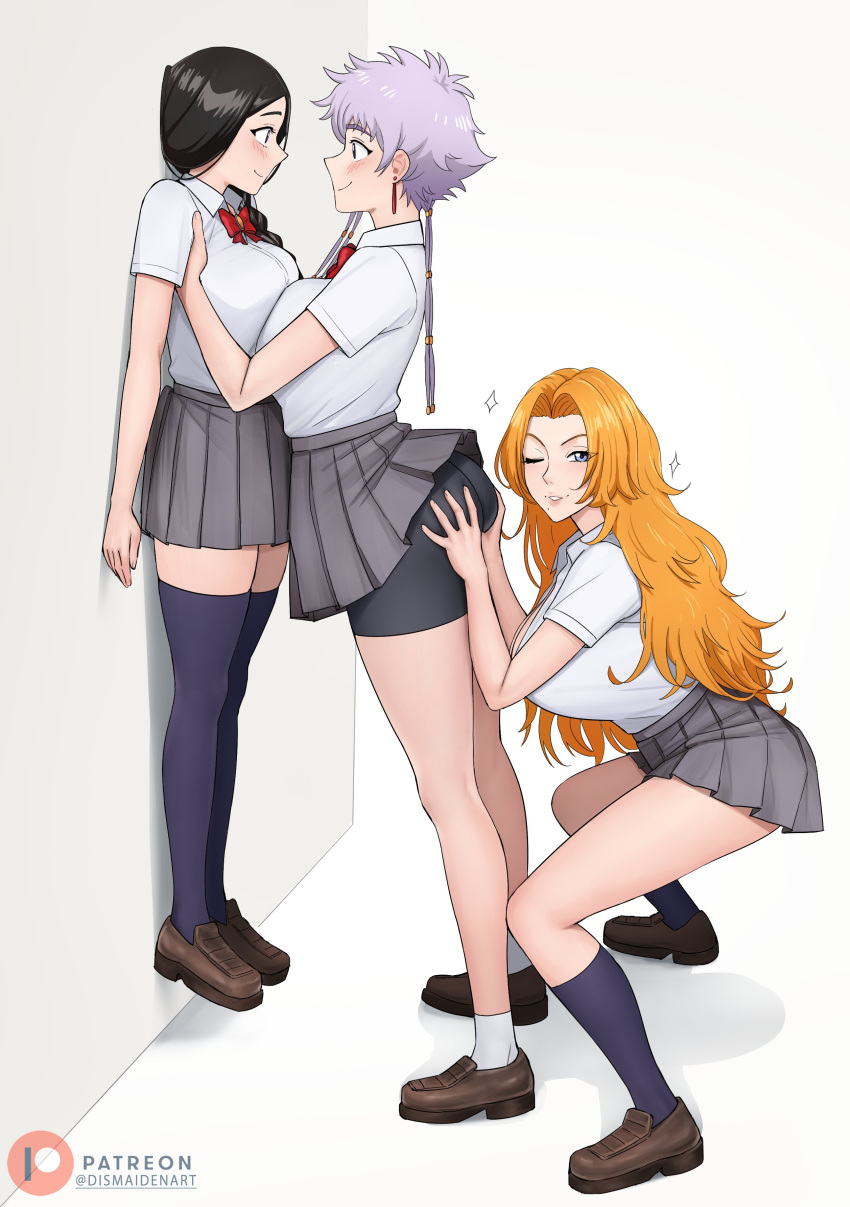 3girls absurdres ass bike_shorts bike_shorts_under_skirt black_hair black_shorts bleach bleach:_sennen_kessen-hen breasts dismaiden grabbing_another's_ass grey_hair groping highres kotetsu_isane large_breasts long_hair matsumoto_rangiku meme multiple_girls pleated_skirt school_uniform short_hair short_hair_with_long_locks shorts shorts_under_skirt skirt unohana_retsu yuri