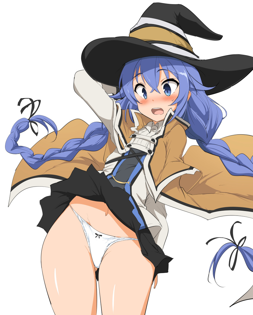 absurdres black_dress blue_eyes blue_hair blush bow bow_panties braid breasts brown_cloak cloak clothes_lift cowboy_shot dress dress_lift female hat highres long_hair midriff_peek momio mushoku_tensei navel open_mouth panties roxy_migurdia small_breasts solo thighs twin_braids underwear white_background white_panties wind wind_lift witch_hat