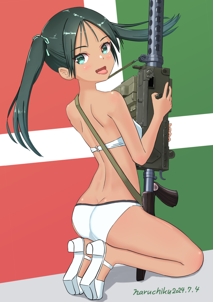 absurdres artist_name ass bikini blush breasts butt_crack dated female francesca_lucchini full_body green_eyes green_hair gun highres long_hair looking_at_viewer looking_back naruchisukisuki oerba_yun_fang open_mouth rifle shoulder_blades small_breasts smile solo strike_witches swimsuit twintails weapon white_bikini world_witches_series