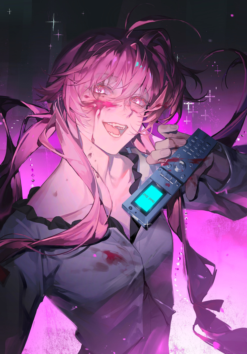 absurdres ahoge blood blood_on_face blood_on_hands blood_on_neck blush cellphone collarbone eyelashes female fingernails flip_phone gasai_yuno hair_between_eyes highres holding holding_phone long_hair long_sleeves looking_at_viewer mirai_nikki oerba_yun_fang open_mouth phone pink_eyes pink_hair procreate_(medium) qianben_shan shadow shirt solo sparkle teeth tongue