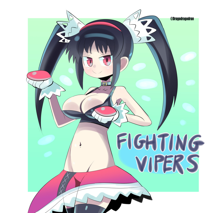 bare_shoulders black_hair black_leggings breasts cleavage cleavage_cutout clothing_cutout collar copyright_name detached_leggings dragodragodran female fighting_vipers gloves headband highres honey_(fighting_vipers) leggings light_blush looking_at_viewer navel neck_collar paw_pose red_eyes red_skirt sega simple_background skirt smile stomach twintails