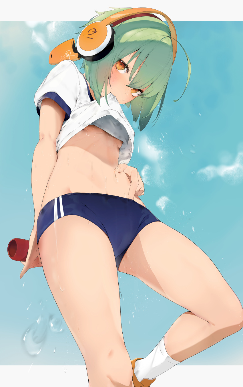 absurdres ahoge arm_behind_back blue_buruma blue_sky blush breasts buruma cameltoe chunithm clothes_lift commentary cowboy_shot female flying_sweatdrops from_below green_hair groin gym_shirt gym_uniform hair_between_eyes hand_on_own_hip headphones highres holding kisaragi_yaya looking_at_viewer midriff mouth_hold navel no_bra orange_eyes orange_footwear orange_headphones shirt short_hair sky sky_feather_(chunithm) small_breasts socks solo stomach striped_clothes sweat sweaty_clothes thighs upper_body white_shirt white_socks