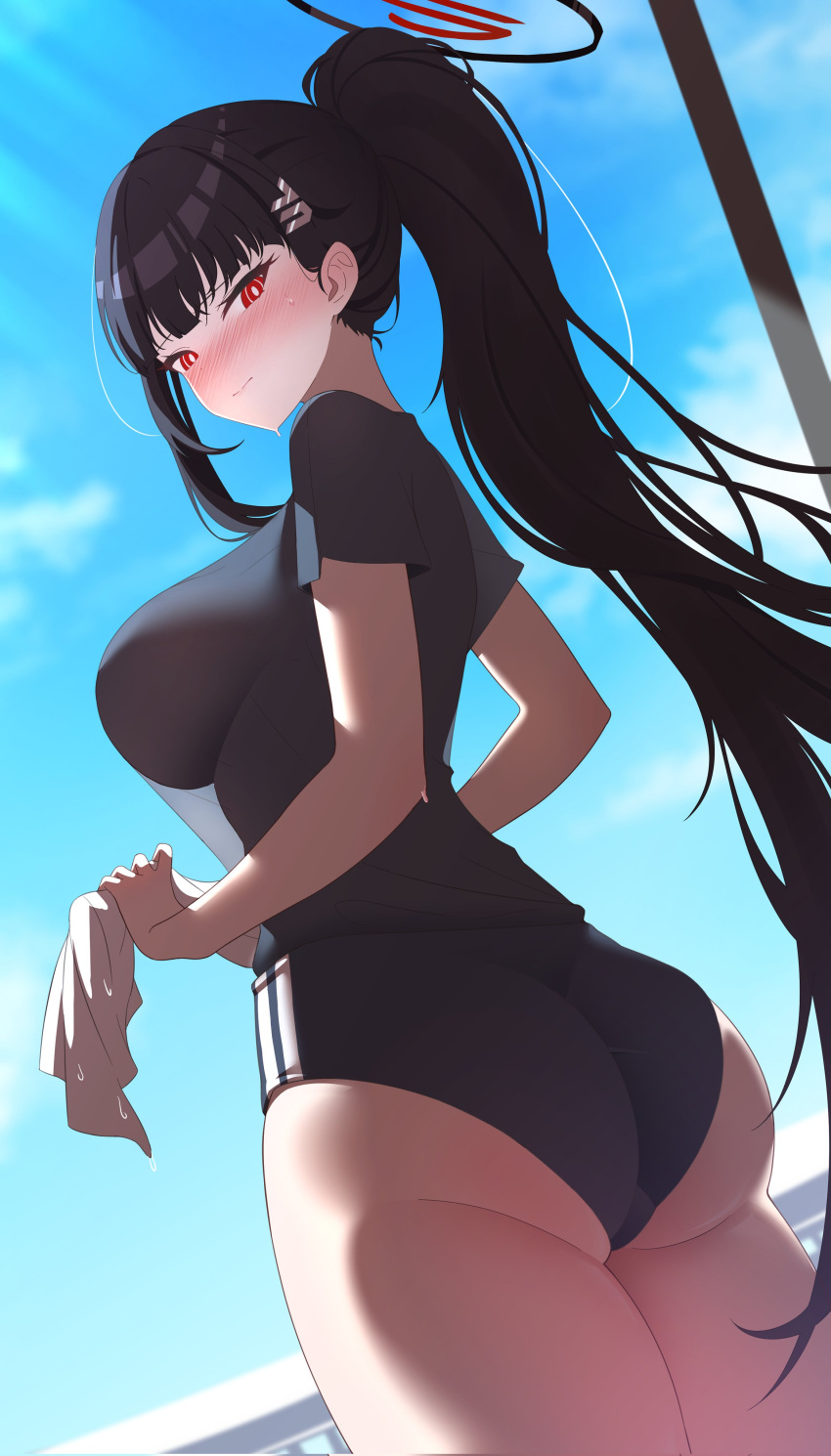 absurdres ass black_hair black_shorts blue_archive blue_sky blunt_bangs blush bovine breasts closed_mouth cloud day dolphin_shorts embarrassed female from_behind halo highres holding holding_towel large_breasts long_hair looking_at_viewer looking_back looking_down micro_shorts millennium_science_school_logo neck ponytail red_eyes rio_(blue_archive) rough0114 shirt short_sleeves shorts sky solo standing sweatdrop thighs towel trefoil wide_hips