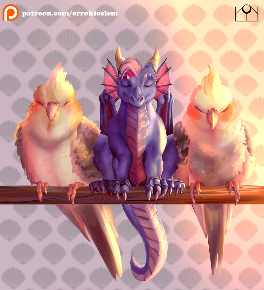 abstract_background avian bird closed_eyes cockatiel cockatoo dragon errokioslem feral front_view group hi_res horn light mythological_creature mythological_scalie mythology parrot red-izak_(character) scales scalie sitting smonia sunlight trio_focus