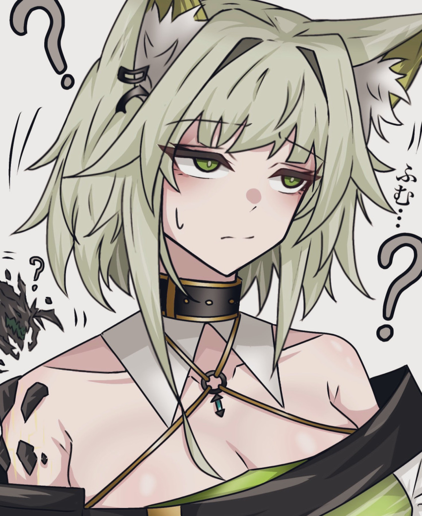 ? animal_ear_fluff animal_ears arknights bare_shoulders breasts cat_ears cat_girl cleavage collarbone criss-cross_halter dress female green_dress green_eyes green_hair grey_background halterneck highres kal'tsit_(arknights) material_growth medium_breasts mon3tr_(arknights) off-shoulder_dress off_shoulder oripathy_lesion_(arknights) short_hair upper_body yogu_suto