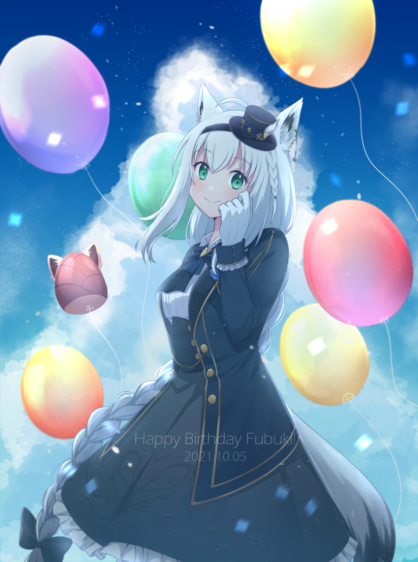 ahoge animal_ears balloon black_skirt blue_jacket blue_sky bow braid braided_ponytail breasts cloud commentary_request dated ear_piercing female fox_ears fox_tail gloves green_eyes hairbow happy_birthday hat highres hololive jacket large_breasts long_hair long_skirt mini_hat official_alternate_costume piercing shirakami_fubuki shirakami_fubuki_(aristocrat_kei) side_braid skirt sky solo tail very_long_hair virtual_youtuber white_gloves white_hair yuikannon