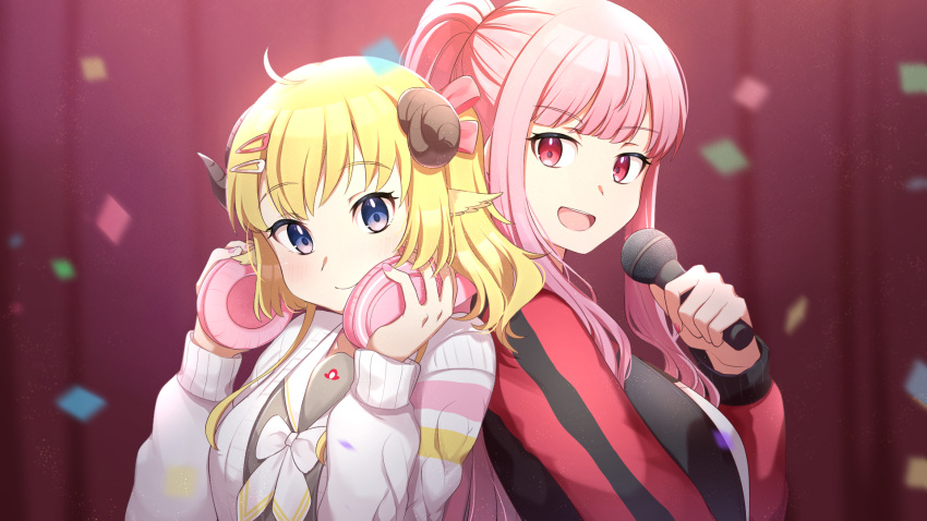 2girls animal_ears back-to-back blonde_hair blue_eyes blunt_bangs blurry breasts commentary confetti curtains depth_of_field english_commentary headphones headphones_around_neck highres holding holding_microphone hololive hololive_english horns jacket large_breasts long_hair microphone mori_calliope mori_calliope_(streetwear) multiple_girls official_alternate_costume official_alternate_hair_length official_alternate_hairstyle open_mouth pink_hair ponytail red_curtains red_eyes sheep_ears sheep_girl sheep_horns sidelocks smile striped_clothes striped_jacket tsunomaki_watame tsunomaki_watame_(street_casual) virtual_youtuber yuikannon