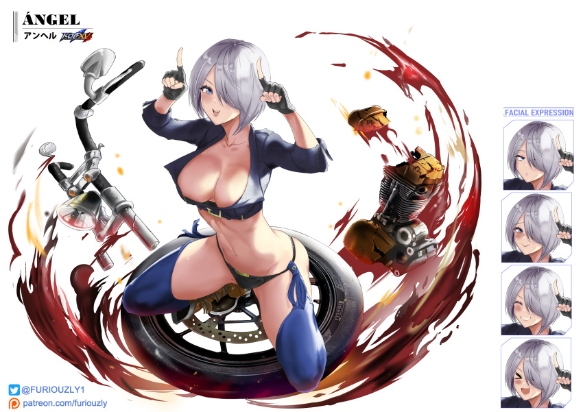 absurdres angel_(kof) azur_lane boots bra breasts chaps cleavage cowboy_boots cropped_jacket expressions female fingerless_gloves furiouzly gloves hair_over_one_eye highres horns_pose index_fingers_raised jacket kneeling large_breasts leather leather_jacket strapless strapless_bra the_king_of_fighters toned underwear white_hair