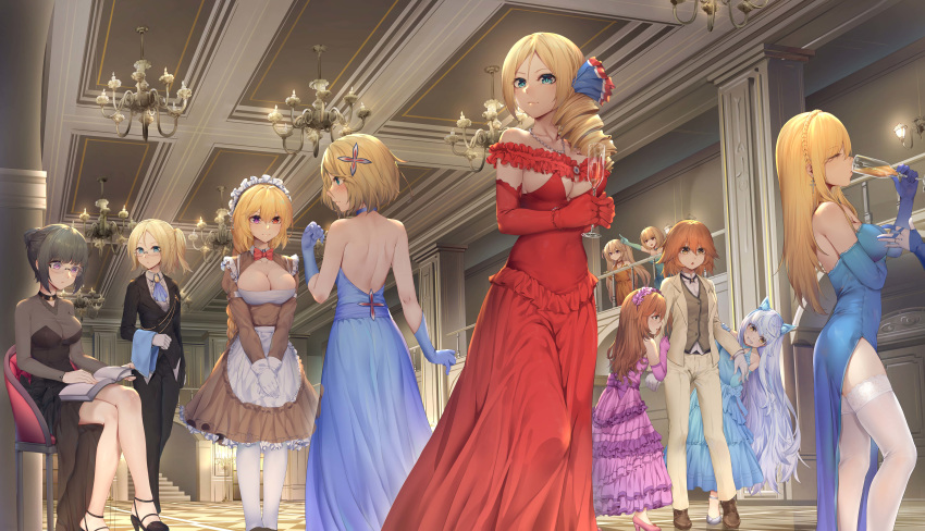 6+girls absurdres alternate_costume apron black_hair blonde_hair blue_dress blue_eyes blue_gloves blue_hair breasts brown_dress brown_eyes brown_hair butler cleavage_cutout closed_eyes clothing_cutout cup dress drinking_glass elbow_gloves female_butler formal gloves heterochromia highres holding holding_cup indoors large_breasts le_fantasque_(warship_girls_r) long_sleeves maid maid_apron maid_headdress multiple_girls pants purple_eyes ray_(pixiv9514208) red_dress red_eyes red_gloves richelieu_(warship_girls_r) sitting sleeveless sleeveless_dress standing suit thighhighs waist_apron warship_girls_r white_apron white_gloves white_legwear white_pants white_suit