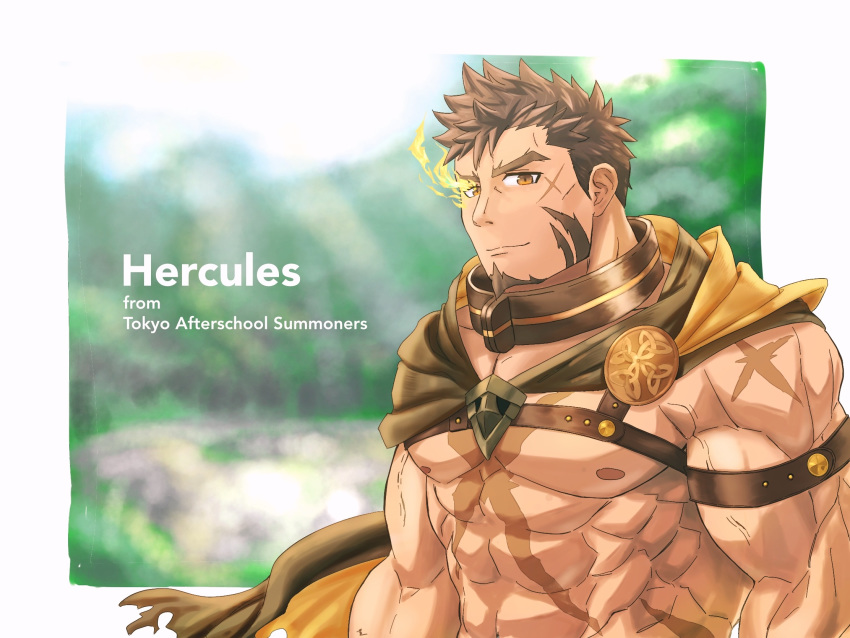 1boy abs bara bare_pectorals biceps blurry blurry_background brown_cape brown_eyes brown_hair cape character_name chest_harness copyright_name facial_hair flaming_eye goatee harness heracles_(housamo) highres large_pectorals long_sideburns male_focus muscular muscular_male nipples pectorals revealing_clothes saro_(rotsw_00022) scar scar_on_chest short_hair sideburns solo stomach tokyo_afterschool_summoners upper_body veins yellow_eyes