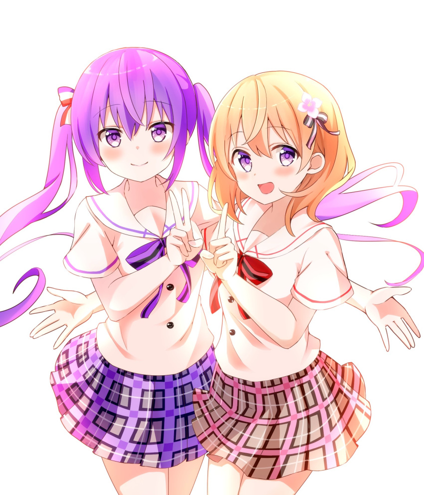 2girls :d blonde_hair blush bow bowtie closed_mouth collared_shirt cowboy_shot floating_hair flower gochuumon_wa_usagi_desu_ka? hair_between_eyes hair_flower hair_ornament hair_ribbon highres hoto_cocoa hoto_cocoa's_school_uniform index_finger_raised long_hair looking_at_viewer medium_hair miniskirt multiple_girls open_mouth plaid plaid_skirt pleated_skirt purple_bow purple_bowtie purple_eyes purple_hair red_bow red_bowtie ribbon sailor_collar sailor_shirt school_uniform shirt short_sleeves simple_background skirt smile standing striped striped_ribbon tawai tedeza_rize twintails v very_long_hair white_background white_flower white_shirt