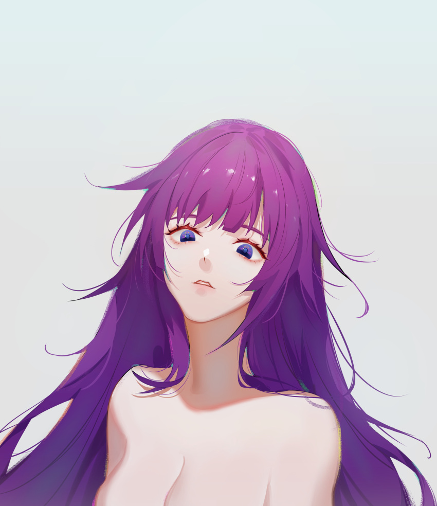 absurdres bakemonogatari bare_shoulders breasts chromatic_aberration collarbone english_commentary eyelashes female grey_background highres long_hair looking_at_viewer medium_breasts monogatari_(series) parted_lips pat_bharasarn purple_eyes purple_hair senjougahara_hitagi sidelocks simple_background solo upper_body