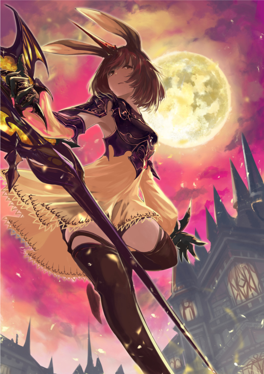 animal_ears black_gloves black_thighhighs breasts brown_hair building detached_sleeves female full_moon gloves highres holding holding_staff horns moon moon_al-mi'raj night night_sky pink_sky rabbit_ears shadowverse short_hair shzsntma single_horn sky small_breasts solo staff standing standing_on_one_leg thighhighs