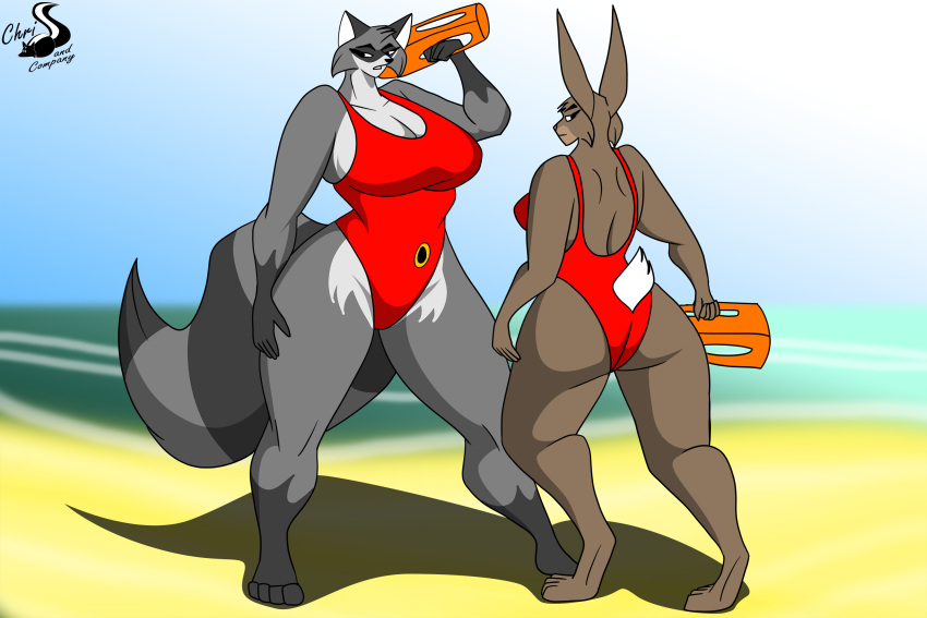 3:2 anthro ass backless_clothing backless_swimsuit beach breasts butt_pose chrisandcompany cleavage clothed clothing curvy_figure digital_media_(artwork) duo female hi_res lagomorph leporid lifeguard lifeguard_swimsuit mammal one-piece_swimsuit open-back_swimsuit outside pose procyonid rabbit raccoon seaside shaded swimwear voluptuous