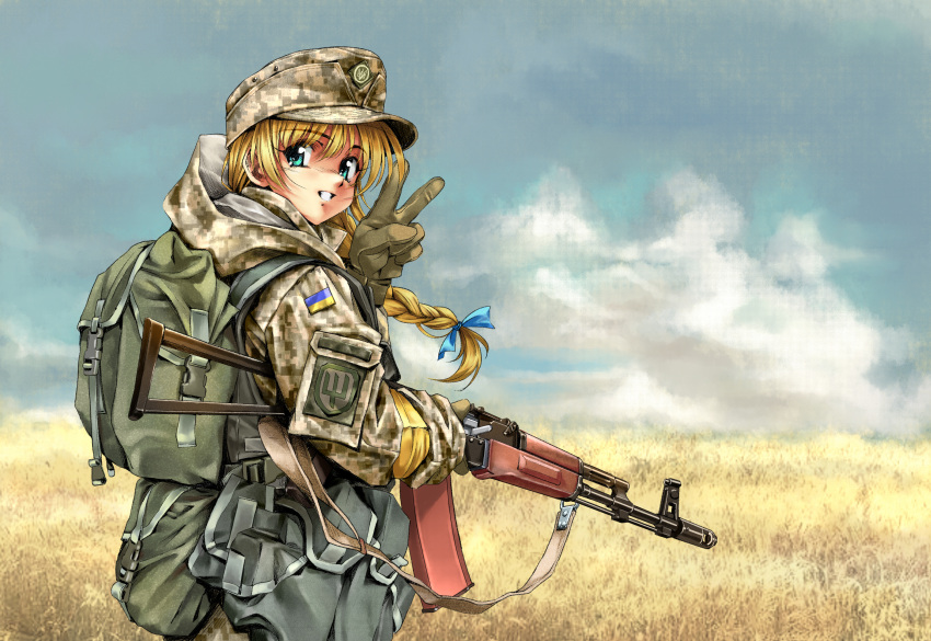 1990s_(style) ak-74 aks-74 ammunition_pouch aqua_eyes armband assault_rifle backpack bag blonde_hair blue_ribbon braid brown_gloves camouflage camouflage_headwear camouflage_jacket cloud cloudy_sky commentary day digital_camouflage female field field_cap folding_stock gloves green_bag green_gloves green_jacket gun gun_sling hair_ribbon hat highres holding holding_gun holding_weapon hood hood_down hooded_jacket jacket kalashnikov_rifle load_bearing_equipment long_braid long_hair long_sleeves longmei_er_de_tuzi magazine_(weapon) military military_hat military_uniform original outdoors patch pouch retro_artstyle ribbon rifle russo-ukrainian_war single_braid sky smersh solo symbol-only_commentary tactical_clothes ukraine ukrainian_flag uniform unit_patch v weapon yellow_armband