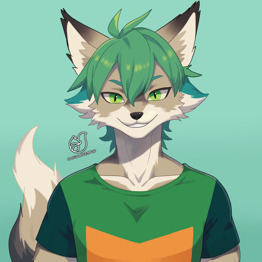 1:1 absurd_res anthro canid canine canis chill clothing green_eyes green_hair hair half_body happy hi_res male mammal olivialovesfur relaxing shirt smile solo t-shirt tail topwear wolf