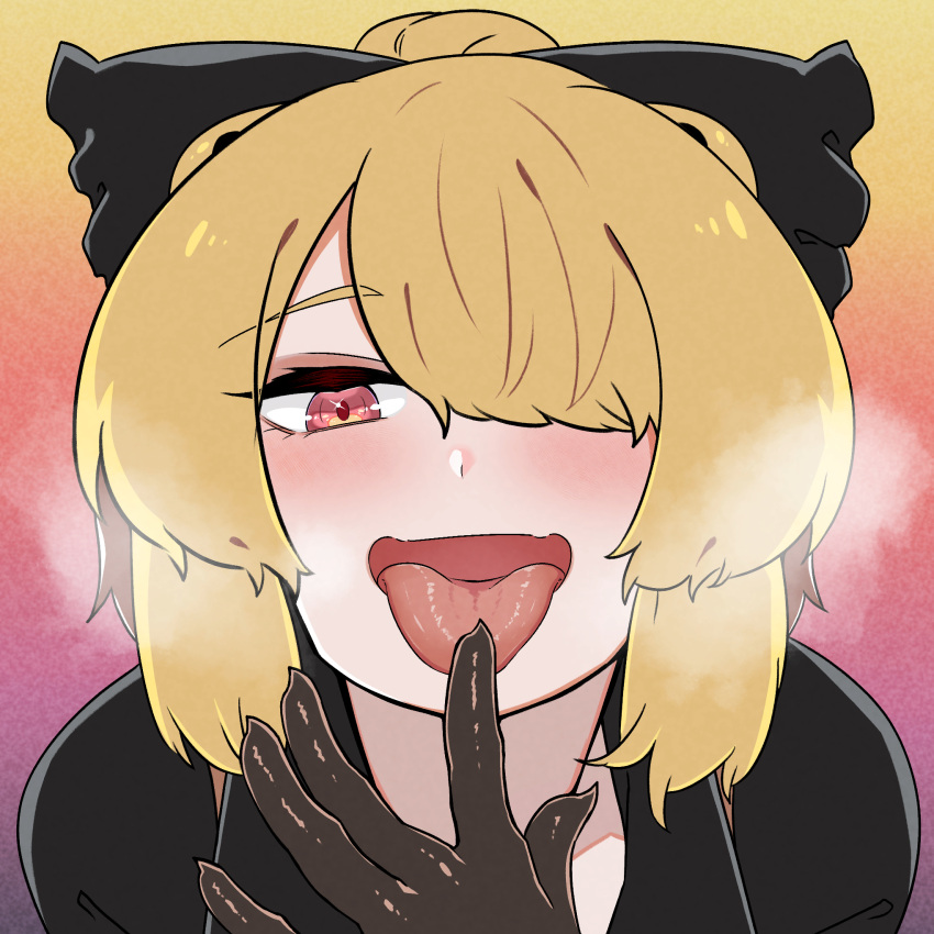 black_bow black_gloves black_shirt blonde_hair blush bow breath brown_eyes collared_shirt commentary_request female finger_to_tongue gloves hair_between_eyes hair_bun hair_over_one_eye hairbow highres kurodani_yamame looking_at_viewer open_mouth rinyamame shirt short_hair smile solo tongue tongue_out touhou upper_body