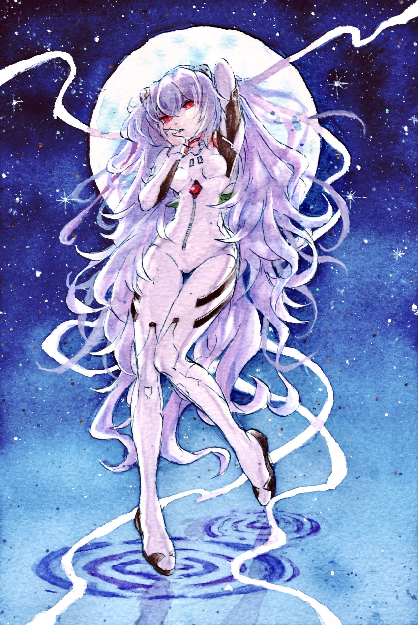 absurdly_long_hair absurdres arm_up ayanami_rei blue_background bodysuit breasts female full_body hand_in_own_hair hand_on_own_cheek hand_on_own_face highres long_hair long_sleeves moon neon_genesis_evangelion painting_(medium) plugsuit purple_hair red_eyes small_breasts solo tpamjdsta_(usatokurasu) traditional_media very_long_hair watercolor_(medium) white_bodysuit