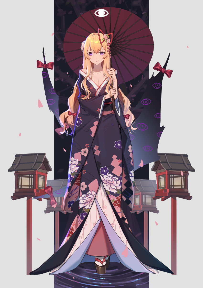 absurdres blonde_hair commentary_request dress female fox_tail hair_ribbon hat hat_ribbon highres holding holding_umbrella japanese_clothes kimono long_hair obi oil-paper_umbrella photoshop_(medium) purple_dress purple_eyes red_ribbon ribbon sash solo tail touhou umbrella xtears_kitsune yakumo_yukari