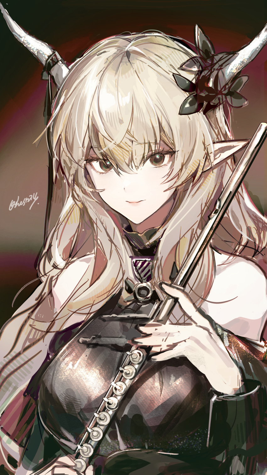 absurdres ambience_synesthesia arknights bare_shoulders black_dress blonde_hair brown_eyes commentary_request dress female flute highres holding holding_instrument horns instrument long_hair looking_at_viewer official_alternate_costume pointy_ears shining_(arknights) smile solo twice12314 upper_body very_long_hair