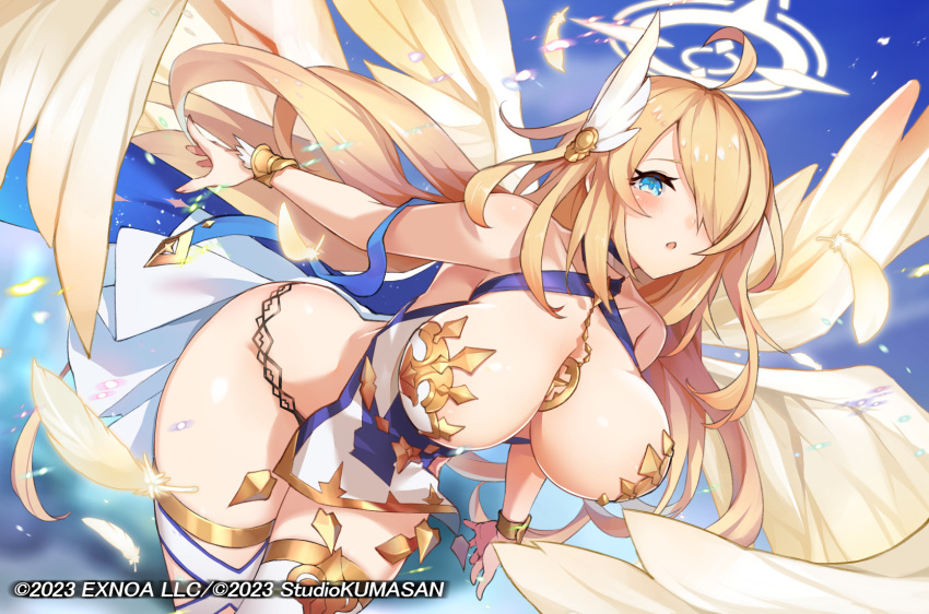 :o ahoge angel angel_wings bare_shoulders between_breasts blue_eyes blue_ribbon blue_sky blush bouncing_breasts bracelet bracer breasts character_request choker cleavage cloud collarbone copyright_name copyright_notice cruel_gz day falling_feathers feathered_wings feathers female flying gold gold_trim groin hair_over_one_eye halo highres jewelry large_breasts light_particles long_hair looking_at_viewer midair necklace official_art one_eye_covered outdoors revealing_clothes ribbon shiny_skin sky solo star_(symbol) star_halo star_necklace thighhighs twinkle_star_knights white_thighhighs wing_hair_ornament wings yellow_wings