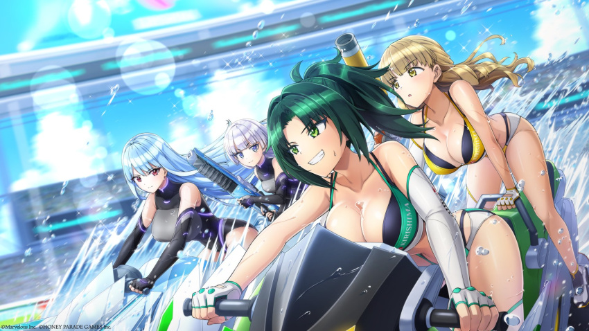 4girls ayato_utae bare_shoulders bikini black_gloves blonde_hair blue_eyes blue_hair blunt_bangs breasts cleavage copyright_notice dolphin_wave elbow_gloves fingerless_gloves framed_breasts gloves green_hair hair_intakes harunami_anri highres holding holding_water_gun jet_ski kazami_uniform kirishima_uniform kneehighs large_breasts layered_bikini long_hair looking_to_the_side marvelous multiple_girls nayuki_hiori official_art ponytail purple_hair red_eyes schnee_weissberg single_elbow_glove single_kneehigh single_sock socks swimsuit water_drop water_gun white_gloves yellow_eyes