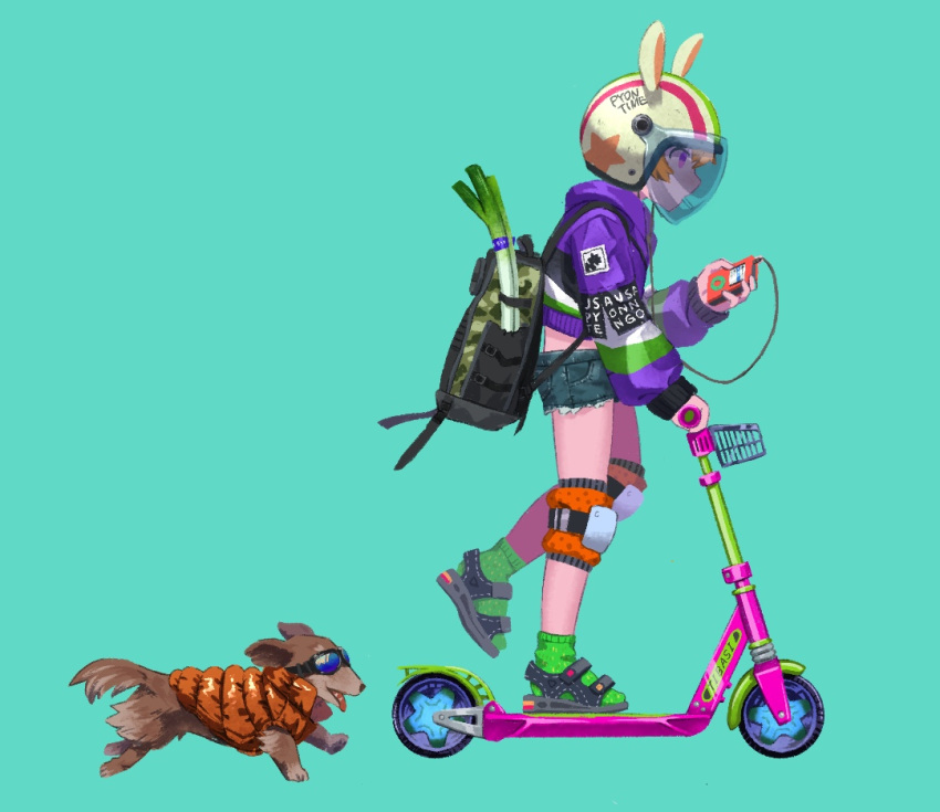 animal animal_ears backpack bag bicycle_helmet cable canine clothed_animal clothes_writing coat commentary_request digital_media_player earphones english_text fake_animal_ears fangs female goggles green_background green_socks helmet holding hood hoodie iroidori4422 kick_scooter knee_pads listening_to_music long_sleeves midriff mouth_hold multicolored_clothes multicolored_hoodie orange_coat orange_hair original purple_eyes purple_hoodie rabbit_ears running sandals school_bag short_shorts shorts simple_background socks spring_onion standing standing_on_one_leg star_(symbol) tongue tongue_out