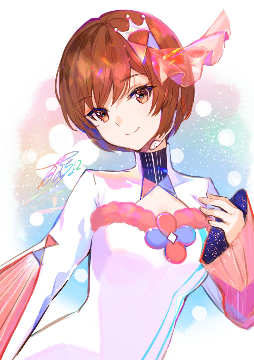 brown_eyes brown_hair cleavage_cutout clothing_cutout commentary countdown dress female fuzichoco hair_ornament hairclip headset highres looking_at_viewer magical_mirai_(vocaloid) magical_mirai_meiko magical_mirai_meiko_(2020_winter) meiko_(vocaloid) pink_sleeves short_hair signature smile solo upper_body vocaloid white_dress