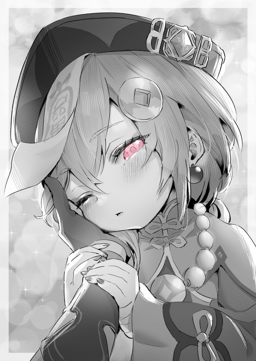 1boy absurdres aether_(genshin_impact) arm_grab bandaged_arm bandages bead_necklace beads blush coin_hair_ornament earrings female genshin_impact greyscale hair_ornament hand_on_another's_cheek hand_on_another's_face hat highres jewelry jiangshi long_sleeves looking_at_viewer monochrome necklace ofuda one_eye_closed qingdai_guanmao qiqi_(genshin_impact) solo_focus sparkle spot_color sukoyaka93 talisman