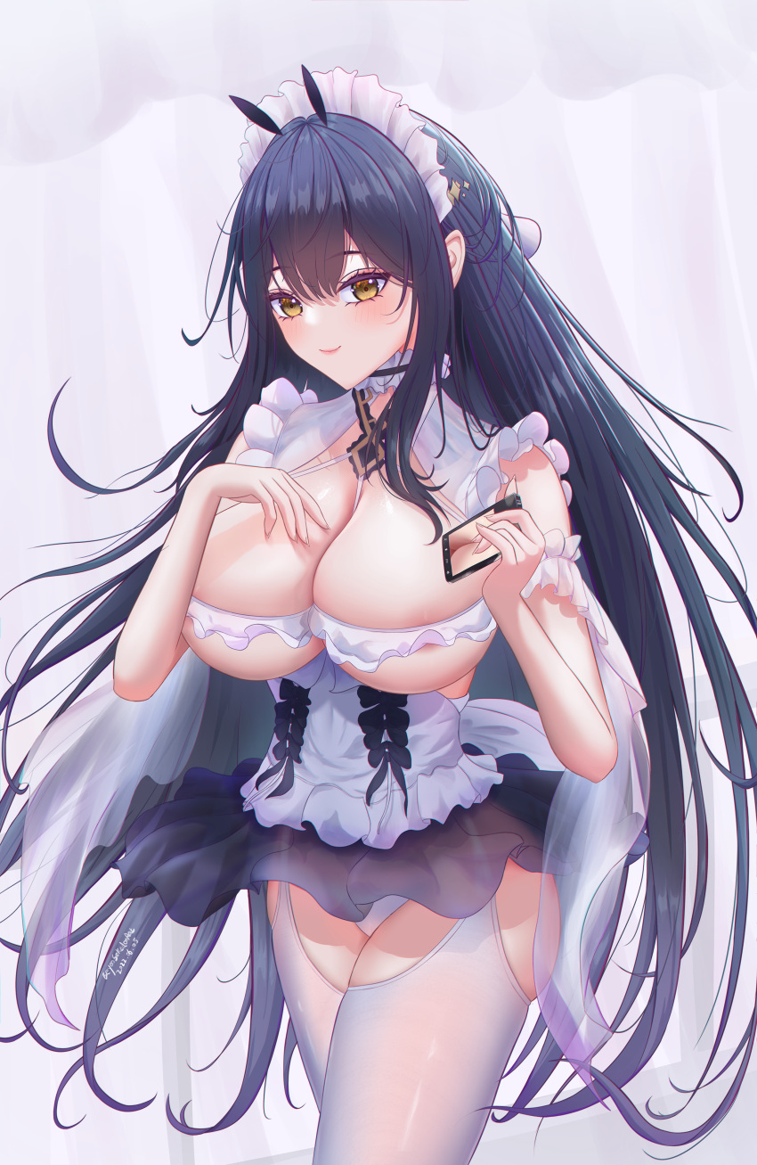 absurdres areola_slip artist_name ass_cutout azur_lane black_hair black_skirt breasts cellphone choker clothing_cutout crotch_cutout crotchless crotchless_pantyhose dated eeyoosekedooaat female frilled_choker frills highres holding holding_phone indomitable_(azur_lane) indomitable_(ms._motivationless_maid)_(azur_lane) large_breasts long_hair maid maid_headdress microskirt official_alternate_costume pantyhose phone see-through see-through_skirt simple_background skindentation skirt smartphone solo standing very_long_hair white_pantyhose yellow_eyes