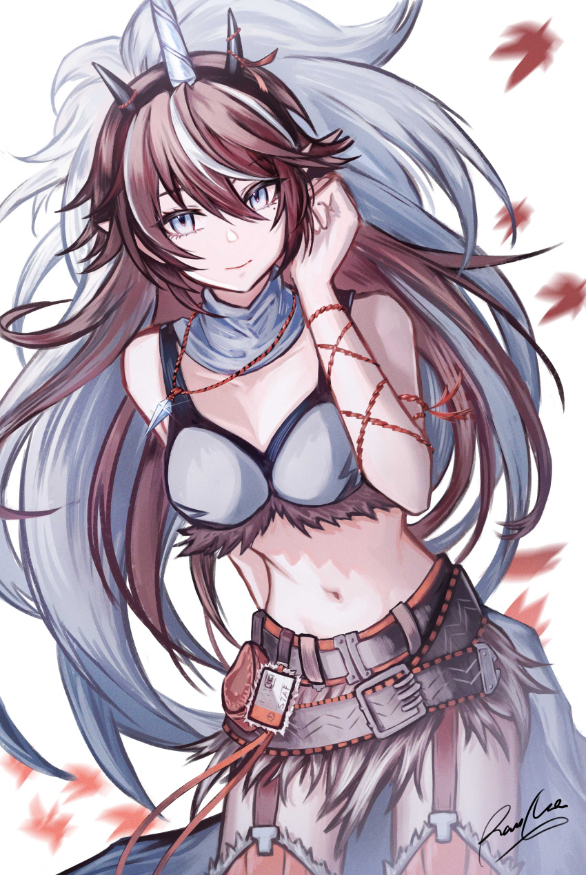 absurdres arknights bare_arms bare_shoulders belt belt_buckle blue_eyes brown_hair buckle commentary_request cowboy_shot fake_horns female fur_trim garter_straps hair_between_eyes highres horns jewelry kirin_(armor) kirin_r_yato_(arknights) looking_at_viewer midriff monster_hunter_(series) navel necklace rau_ma_(the_rauma001) simple_background smile solo standing stomach white_background yato_(arknights)