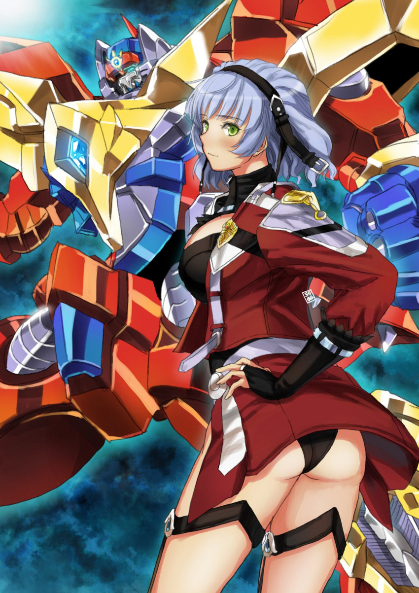 aqua_centolm ass bad_id bad_pixiv_id blue_hair breasts bridal_gauntlets commentary female garimpeiro garmraid green_eyes hairband hand_on_own_hip highres large_breasts looking_back mecha robot science_fiction smile solo super_robot super_robot_wars super_robot_wars_mx