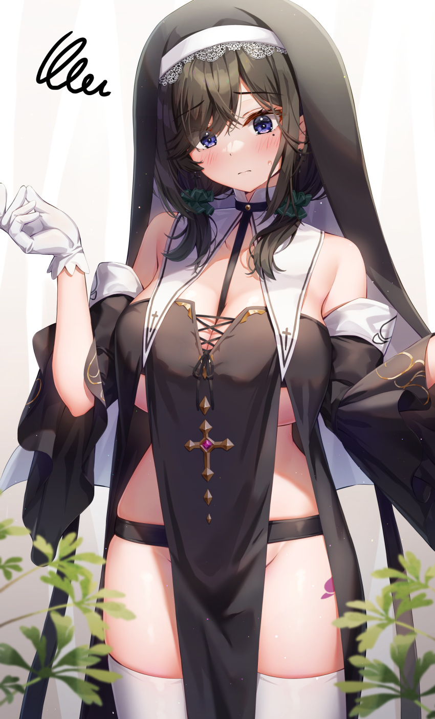 bare_shoulders between_breasts black_dress black_hair black_headdress black_sleeves blue_eyes blurry blurry_foreground blush breast_curtains breasts cowboy_shot cross cross-laced_clothes detached_sleeves dress female gloves groin habit hair_ornament hair_over_shoulder hair_scrunchie hairband hand_up highres kuria_(clear_trip_second) lace-trimmed_hairband lace_trim large_breasts leg_tattoo long_dress long_hair looking_at_viewer mole mole_under_eye no_panties nun original pelvic_curtain plant revealing_clothes scrunchie short_twintails solo standing tattoo thighhighs twintails white_gloves white_hairband white_thighhighs