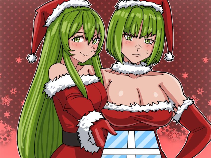 2girls bare_shoulders black_sash bob_cut breasts cleavage closed_mouth collarbone dithorba_(fire_emblem) dress english_commentary erinys_(fire_emblem) fire_emblem fire_emblem:_genealogy_of_the_holy_war frown fur-trimmed_headwear fur-trimmed_sleeves fur_trim giving gloves green_eyes green_hair hair_between_eyes hat large_breasts long_hair long_sleeves looking_at_viewer mnejing30 multiple_girls off-shoulder_dress off_shoulder outline polka_dot polka_dot_background red_background red_gloves red_headwear santa_costume santa_hat sash short_hair smile snowflakes split_mouth very_long_hair white_outline