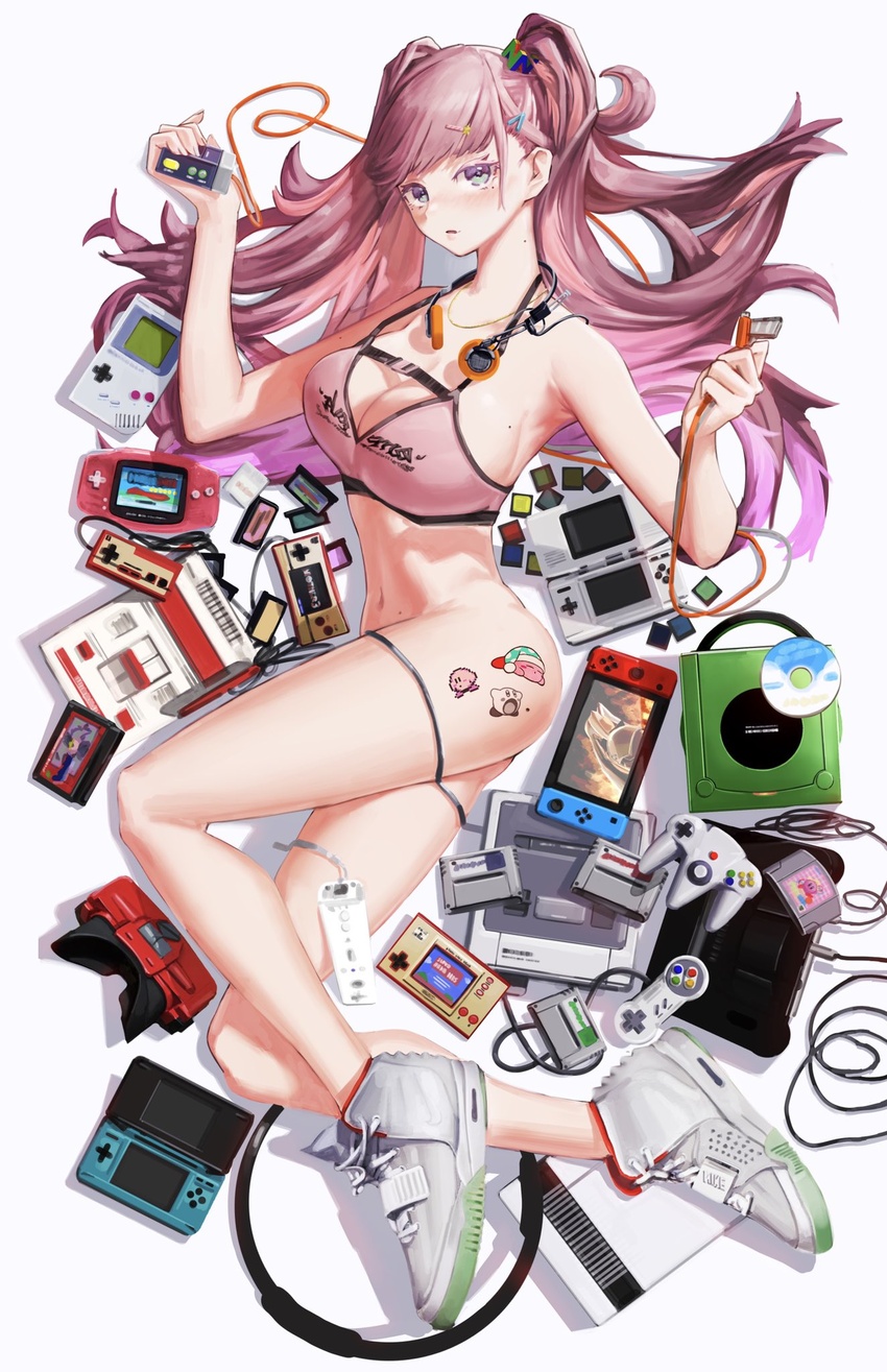 armpits bad_id bad_twitter_id blush bottomless breasts cleavage controller famicom female final_fantasy final_fantasy_vii game_&_watch game_boy game_boy_(original) game_boy_advance game_boy_micro game_console game_controller gamecube hair_ornament handheld_game_console highres kirby kirby_(series) legs long_hair looking_at_viewer mole navel nintendo nintendo_3ds nintendo_64 nintendo_switch original ring-con ring_fit_adventure ryoga sephiroth simple_background solo super_famicom virtual_boy wii_remote