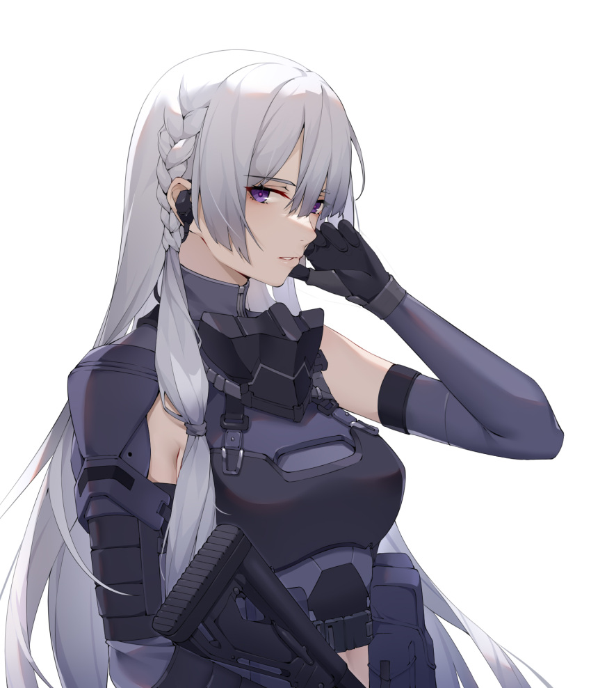 ak-15 ak-15_(girls'_frontline) assault_rifle bad_id bad_pixiv_id black_gloves braid breasts earpiece elbow_gloves female girls'_frontline gloves gun hand_on_own_cheek hand_on_own_face highres holding holding_gun holding_weapon kalashnikov_rifle long_hair looking_at_viewer open_mouth parted_lips purple_eyes purple_gloves rifle side_braid solo tactical_clothes upper_body weapon white_background white_hair wsfw