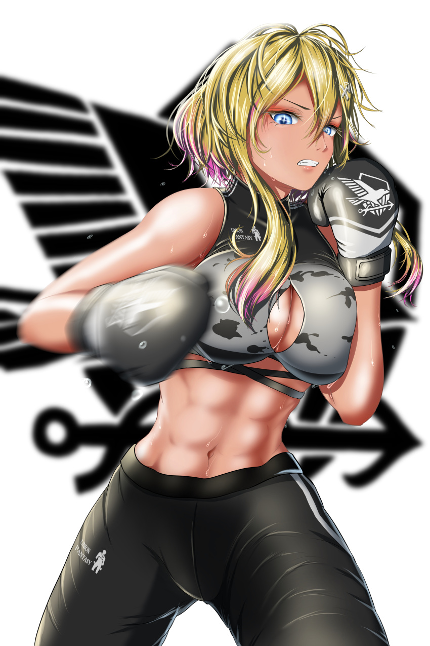 +_+ abs absurdres ass_visible_through_thighs azur_lane bare_shoulders black_pants blonde_hair blue_eyes boxing_gloves breasts cleavage cleavage_cutout clenched_teeth clothing_cutout commentary_request covered_collarbone cowboy_shot eagle_union_(emblem) female gachimuchi groin gyaru hair_between_eyes hair_ornament hairclip highres keke_(akuringo731) large_breasts looking_at_viewer marblehead_(azur_lane) marblehead_(boxing_girl!)_(azur_lane) midriff motion_blur multicolored_hair navel official_alternate_costume pants pink_hair punching short_hair_with_long_locks simple_background solo sports_bra standing sweat symbol-shaped_pupils teeth track_pants two-tone_hair van_darkholme white_background