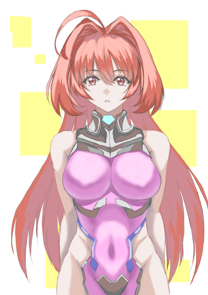 absurdres adapted_costume ahoge arms_behind_back bodysuit breasts covered_navel expressionless female fortified_suit groin hair_intakes highres hip_vent kagami_sumika long_hair looking_at_viewer medium_breasts mota_saru muv-luv muv-luv_alternative parted_lips pink_bodysuit red_eyes skin_tight sleeveless sleeveless_bodysuit solo straight-on very_long_hair