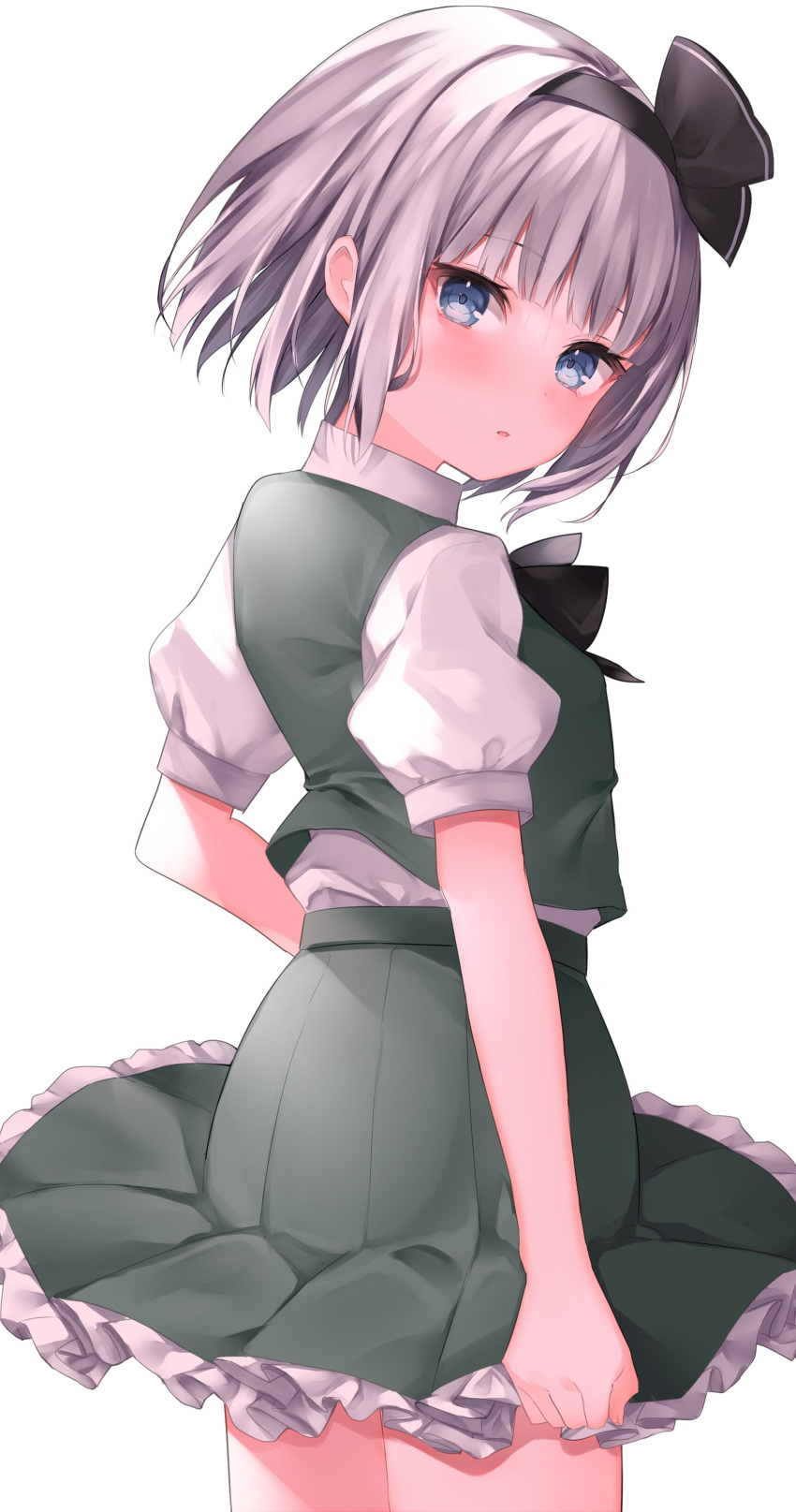 absurdres bad_id bad_twitter_id black_bow black_bowtie black_hairband blue_eyes blush bob_cut bow bowtie closed_mouth collared_shirt commentary cowboy_shot eyelashes female frilled_skirt frills green_skirt green_vest grey_hair hairband highres komomo_(ptkrx) konpaku_youmu looking_at_viewer looking_back pleated_skirt puffy_short_sleeves puffy_sleeves shirt short_hair short_sleeves simple_background skirt solo standing touhou vest white_background white_shirt wing_collar