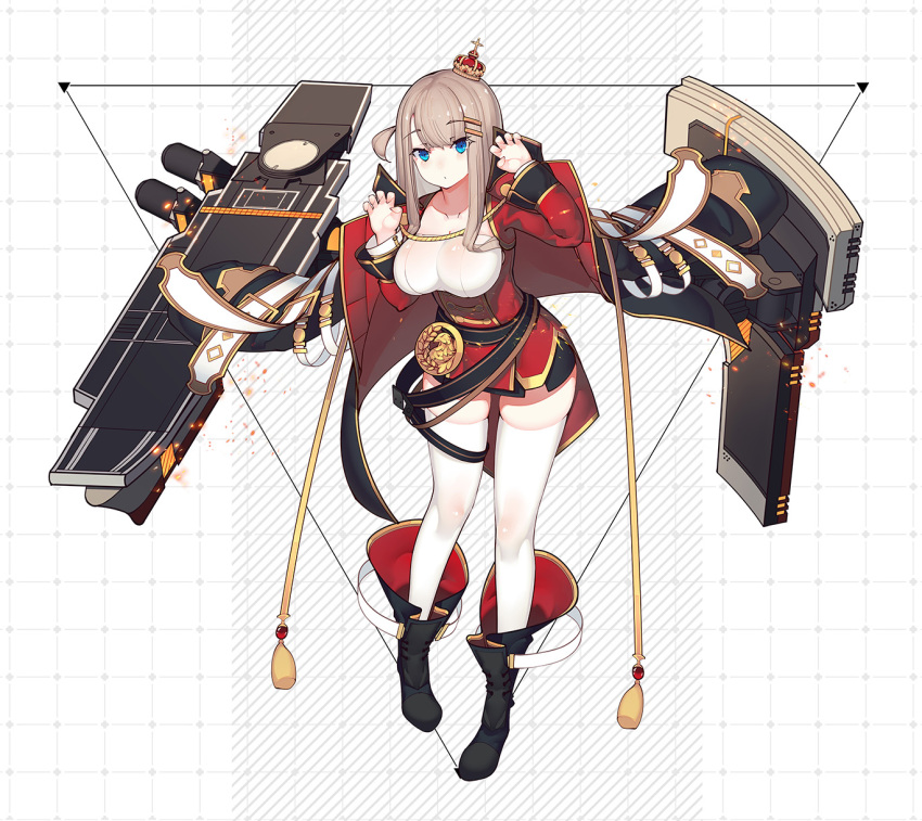 blue_eyes boots braid breasts commentary_request crown female graphite_(medium) hair_ornament hairclip highres impero_(warship_girls_r) jacket large_breasts long_sleeves machinery military_jacket mini_crown photoshop_(medium) platinum_blonde_hair rain_lan red_jacket side_braid solo thighhighs traditional_media warship_girls_r white_thighhighs