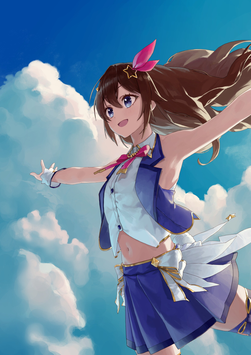 :d blue_eyes blue_jacket blue_skirt blue_sky blue_vest bow bowtie brown_hair cloud collared_shirt commentary crop_top cropped_shirt day female floating_hair hair_between_eyes hair_flaps hair_ornament hair_ribbon highres hololive jacket long_hair looking_away makimaki_makky7 midriff navel open_mouth outstretched_arms pink_bow pink_bowtie pink_ribbon pleated_skirt ribbon shirt skirt sky sleeveless sleeveless_jacket sleeveless_shirt smile solo star_(symbol) star_hair_ornament tokino_sora tokino_sora_(1st_costume) vest virtual_youtuber white_background white_shirt