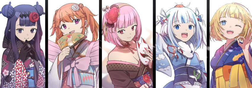 5girls black_gloves blonde_hair blue_eyes blue_hair blunt_bangs breasts cleavage column_lineup commentary_request detached_sleeves double_bun everyone fingers_together flat_chest flower folding_fan furisode gawr_gura gawr_gura_(new_year) gloves hair_bun hair_flower hair_ornament hairband hand_fan highres holding holding_fan holding_mask hololive hololive_english holomyth japanese_clothes kimono mask medium_breasts medium_hair mori_calliope mori_calliope_(new_year) multicolored_hair multiple_girls ninomae_ina'nis ninomae_ina'nis_(new_year) obi off_shoulder ok_sign one_eye_closed open_mouth orange_hair pink_eyes pink_hair purple_eyes purple_hair sash sharp_teeth sidelocks smile streaked_hair takanashi_kiara takanashi_kiara_(new_year) teeth twintails two-tone_hair virtual_youtuber watson_amelia watson_amelia_(new_year) white_hair wide_sleeves yuikannon