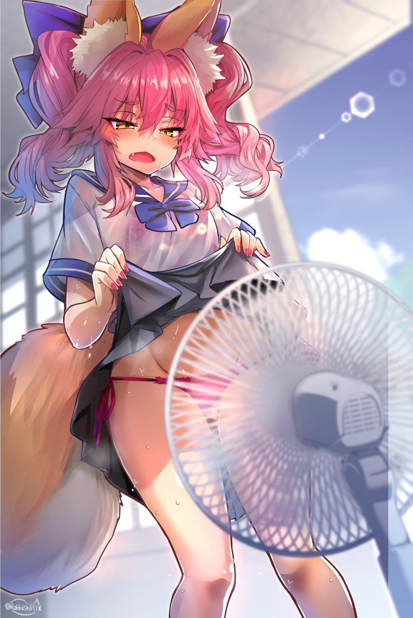 absurdres aged_down animal_ear_fluff animal_ears black_skirt blue_sailor_collar bow bra bra_visible_through_clothes breasts clothes_lift commentary electric_fan fanning_crotch fate/extra fate_(series) female fox_ears fox_girl fox_tail hair_between_eyes hairbow highres lens_flare lifting_own_clothes long_hair medium_breasts oerba_yun_fang open_mouth panties pink_bra pink_hair pink_panties sailor_collar school_uniform see-through serafuku side-tie_panties sidelocks skirt skirt_lift solo sweat tail tamamo_(fate) tamamo_no_mae_(fate/extra) tamamo_no_mae_(jk)_(fate) twintails underwear wisespeak yellow_eyes