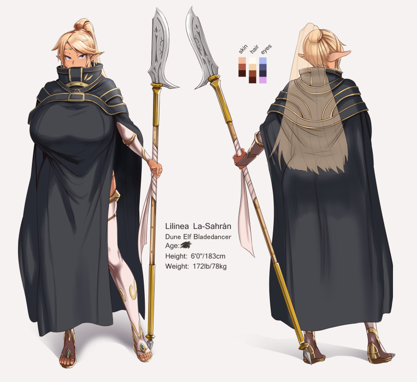 absurdres ass black_cloak blonde_hair breasts bridal_gauntlets character_name character_profile circlet cloak color_guide covered_mouth earrings elbow_gloves elf expressionless female from_behind full_body glaive_(polearm) gloves gold_trim grey_background high_ponytail highres huge_breasts jewelry lilinea_la-sahran long_hair looking_at_viewer mole mole_under_eye multiple_views original piercing pointy_ears polearm ponytail purple_eyes reference_sheet sandals simple_background standby standing tall tall_female thighhighs thighs toe_ring toeless_footwear toeless_legwear toenails toes turnaround weapon wide_hips