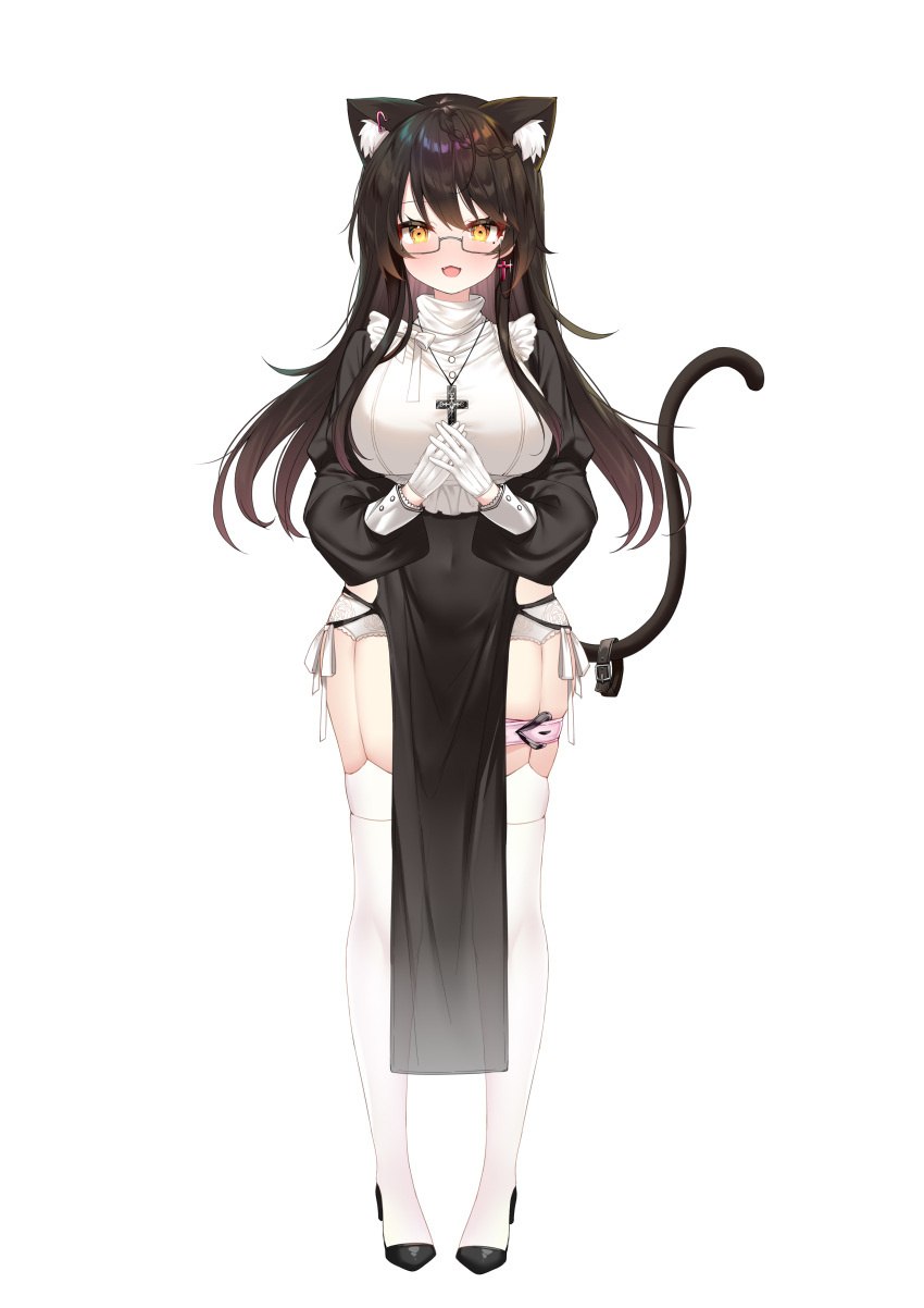 :d absurdres animal_ear_fluff animal_ears black-framed_eyewear black_dress black_hair blush breasts cat_ears cat_tail covered_navel cross cross_earrings cross_necklace dress earrings extra_ears feline female full_body garter_belt glasses gloves hecha_(01964237) high_heels highres jewelry large_breasts long_hair long_sleeves looking_at_viewer mole mole_under_eye necklace open_mouth original own_hands_together pelvic_curtain puffy_long_sleeves puffy_sleeves semi-rimless_eyewear skindentation smile solo standing tail thigh_strap thighhighs under-rim_eyewear unworn_collar white_footwear white_gloves white_thighhighs yellow_eyes